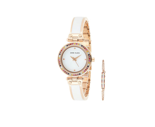 Anne Klein White Women’s Watch Set with Premium Multicolored Crystals
