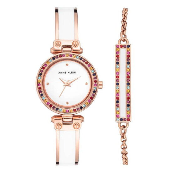 Anne Klein White Women’s Watch Set with Premium Multicolored Crystals
