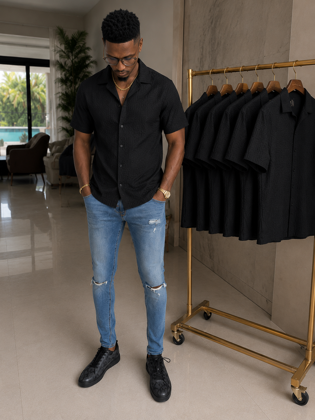 Black Textured Short Sleeve Shirt