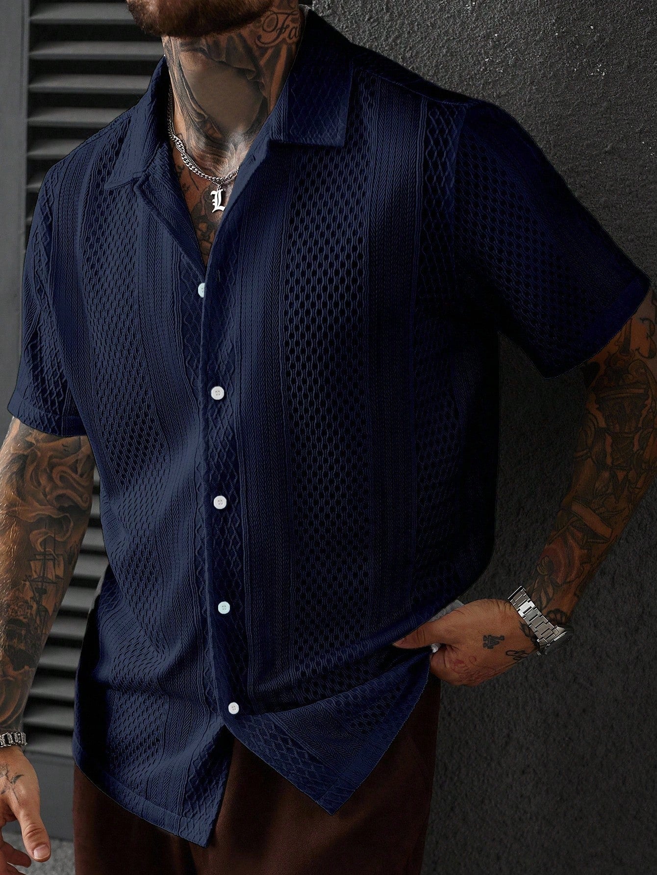 Navy Blue Jacquard Knit Shirt