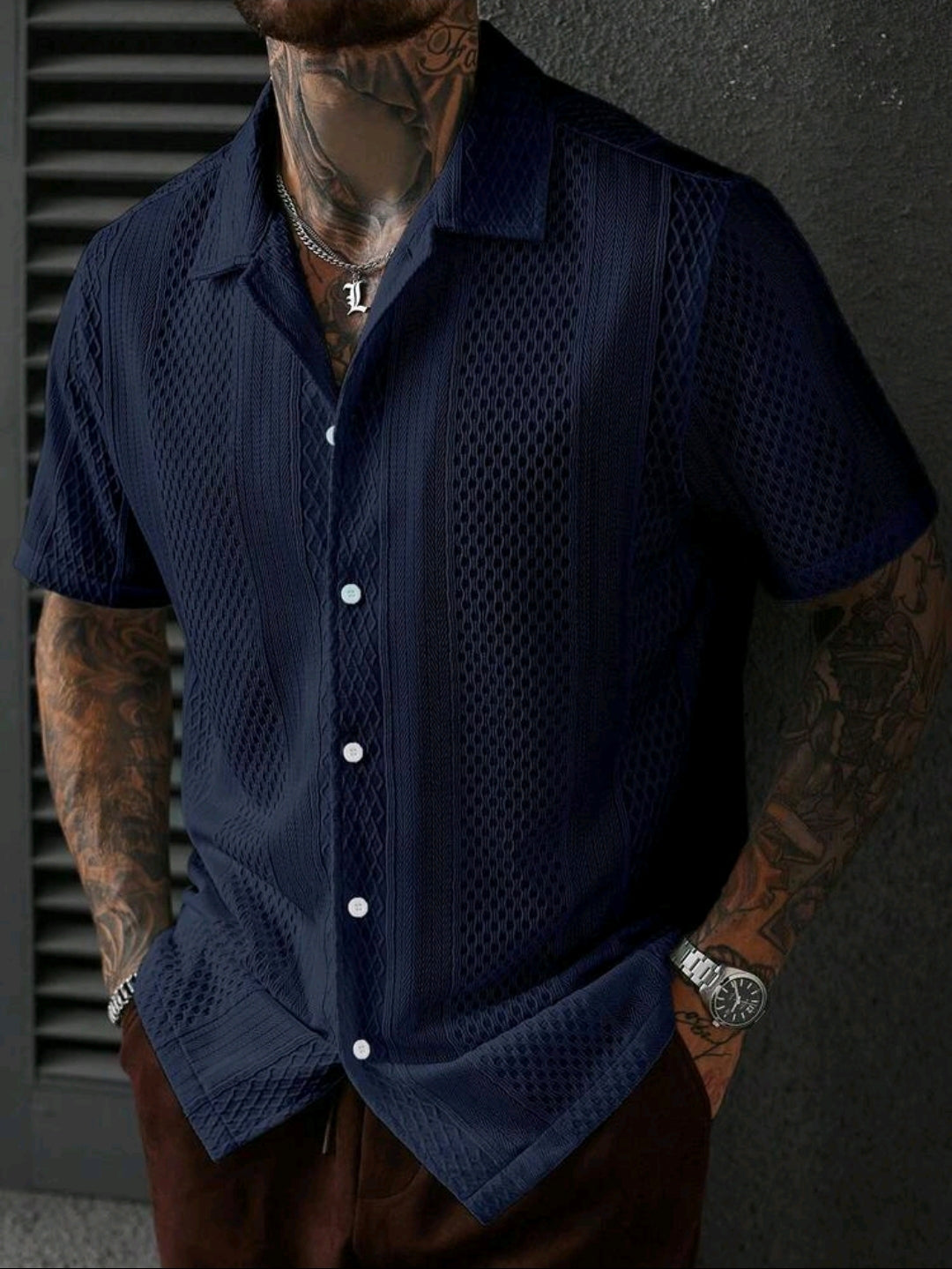 Navy Blue Jacquard Knit Shirt