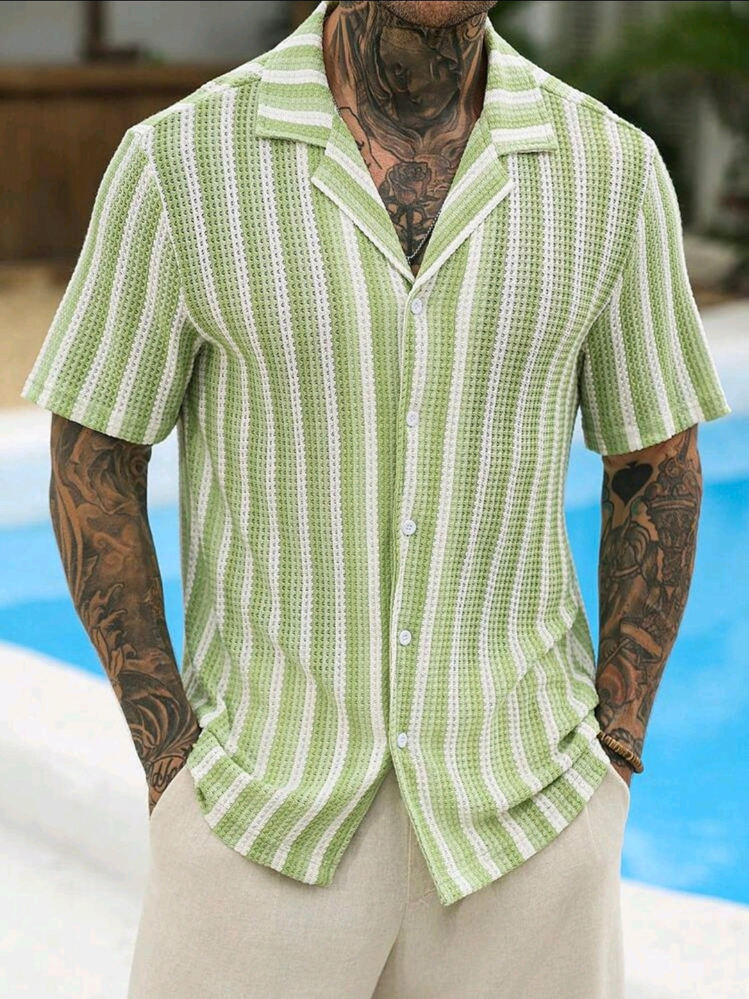 Green and White Striped Knit Shirt